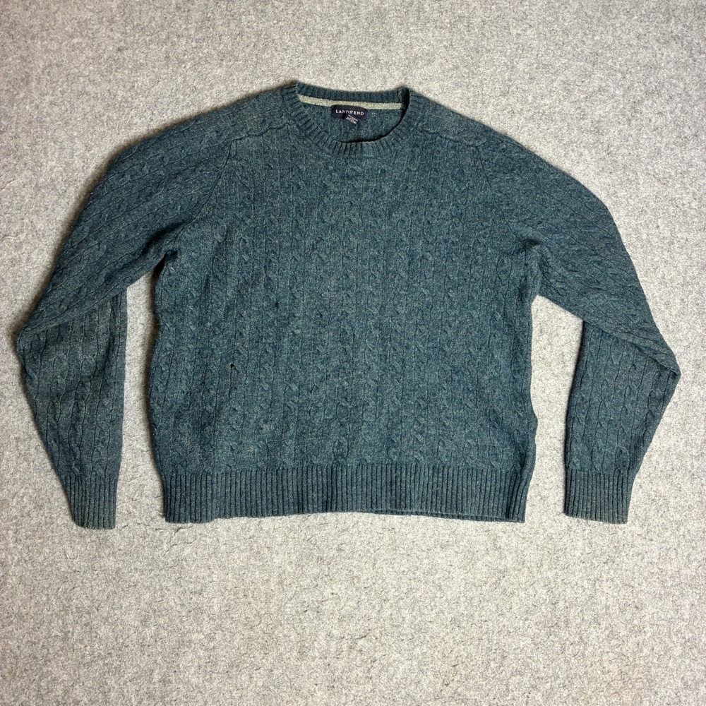 Lands End Cable Knit Sweater Womens LT Teal Blue Merino Wool Crew Neck Raglan
